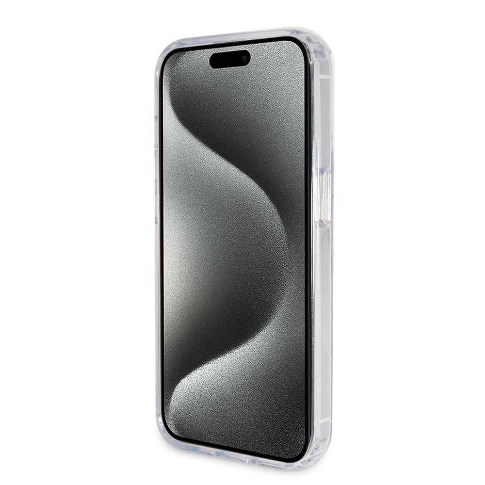 Dėklas GUESS GUHMP15XHRSGSD IPHONE 15 PRO MAX 6,7 col. SKAIDRUS / SKAIDRUS KIETOS DĖLĖS RING STOVAS SCRIPT GLITTER MAGSAFE