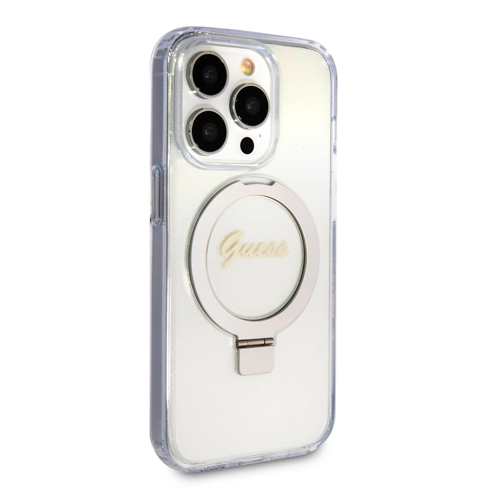 Dėklas GUESS GUHMP15XHRSGSD IPHONE 15 PRO MAX 6,7 col. SKAIDRUS / SKAIDRUS KIETOS DĖLĖS RING STOVAS SCRIPT GLITTER MAGSAFE