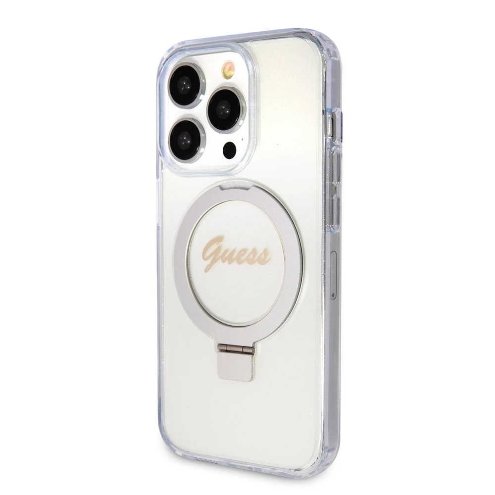 Dėklas GUESS GUHMP15XHRSGSD IPHONE 15 PRO MAX 6,7 col. SKAIDRUS / SKAIDRUS KIETOS DĖLĖS RING STOVAS SCRIPT GLITTER MAGSAFE