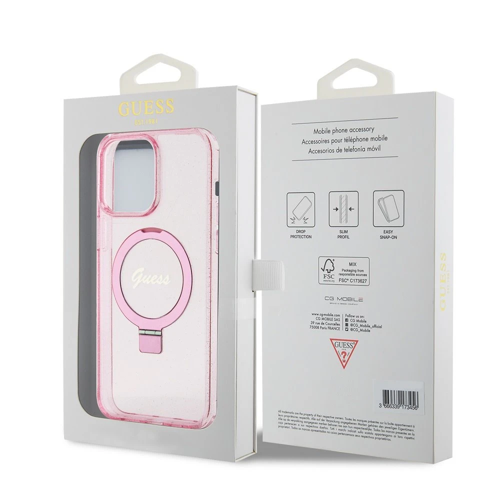 Apple iPhone 15 Pro Guess dėklas Ring Stand Script Glitter MagSafe (GUHMP15LHRSGSP) rožinės spalvos