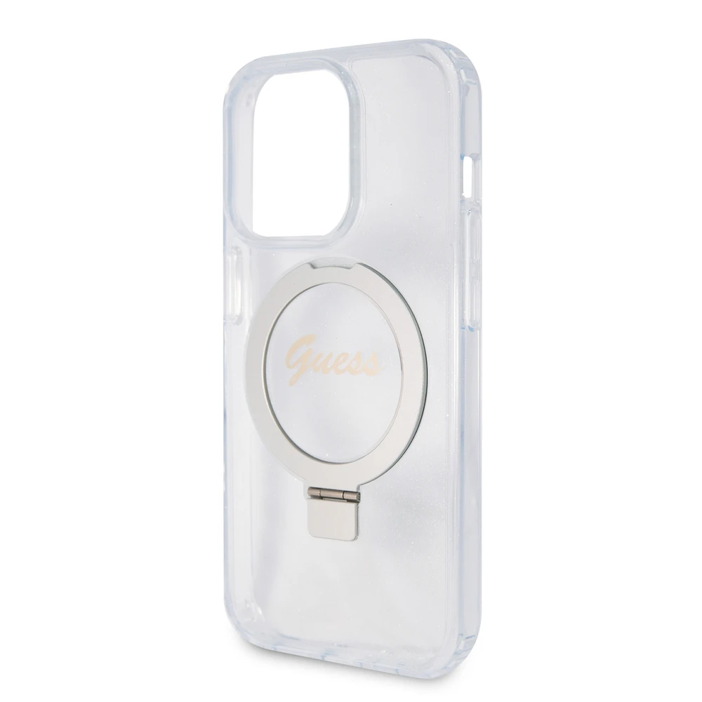 Dėklas GUESS GUHMP15XHRSGSD IPHONE 15 PRO MAX 6,7 col. SKAIDRUS / SKAIDRUS KIETOS DĖLĖS RING STOVAS SCRIPT GLITTER MAGSAFE