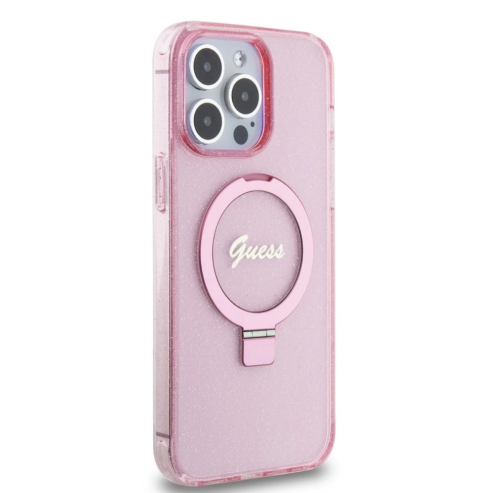Apple iPhone 15 Pro Guess dėklas Ring Stand Script Glitter MagSafe (GUHMP15LHRSGSP) rožinės spalvos