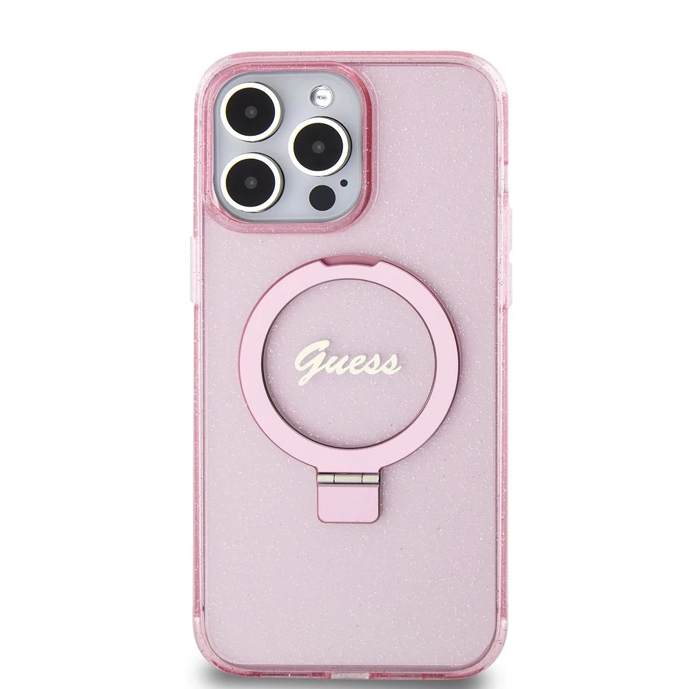 Apple iPhone 15 Pro Guess dėklas Ring Stand Script Glitter MagSafe (GUHMP15LHRSGSP) rožinės spalvos