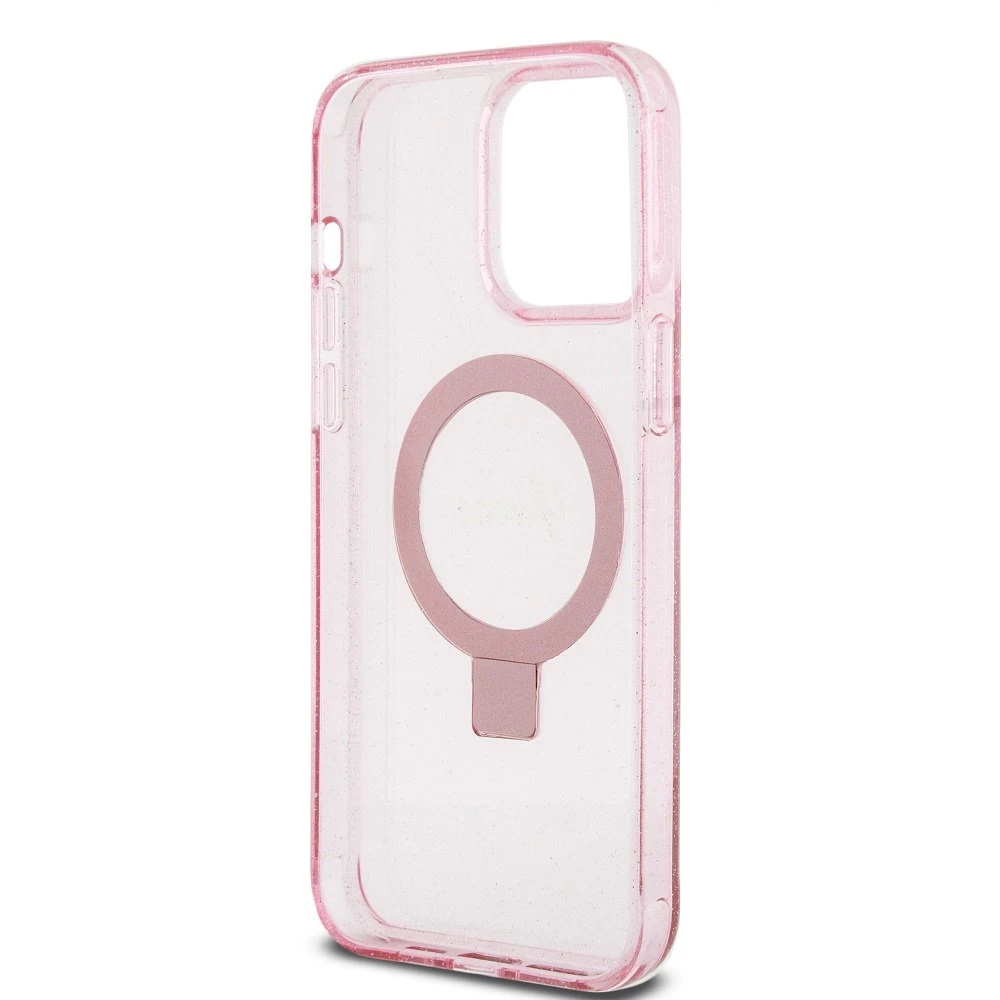 Apple iPhone 15 Pro Guess dėklas Ring Stand Script Glitter MagSafe (GUHMP15LHRSGSP) rožinės spalvos