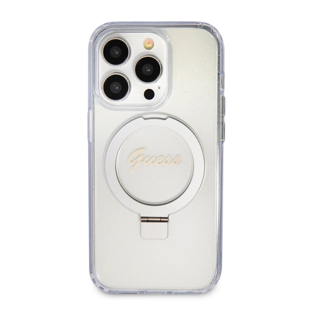 Dėklas GUESS GUHMP15XHRSGSD IPHONE 15 PRO MAX 6,7 col. SKAIDRUS / SKAIDRUS KIETOS DĖLĖS RING STOVAS SCRIPT GLITTER MAGSAFE