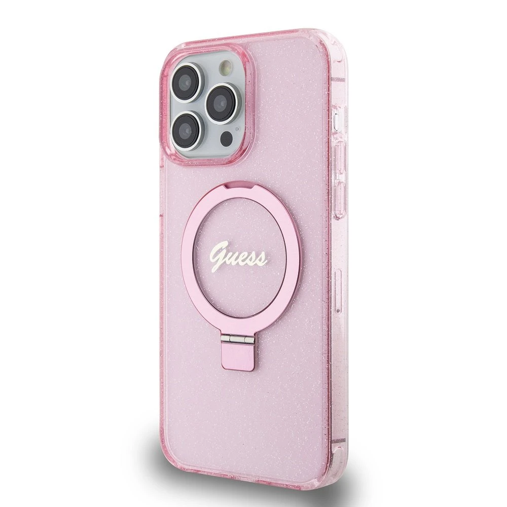 Apple iPhone 15 Pro Guess dėklas Ring Stand Script Glitter MagSafe (GUHMP15LHRSGSP) rožinės spalvos