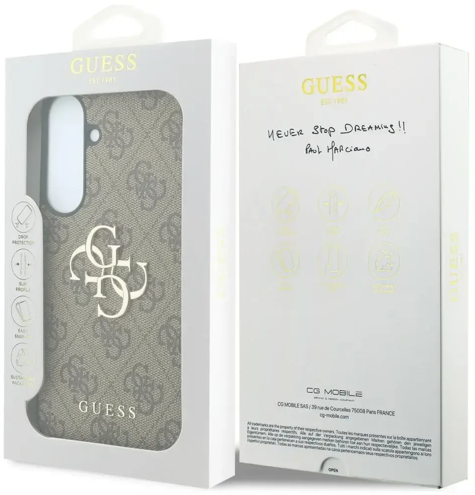 Dėklas Guess Leather 4G Metal Logo do Samsung Galaxy S26 FE ruda