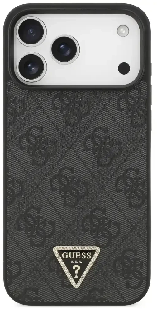 Dėklas Guess Leather 4G Triangle Strass MagSafe Case for iPhone 17 Pro Max / 18 Pro Max - Juodas