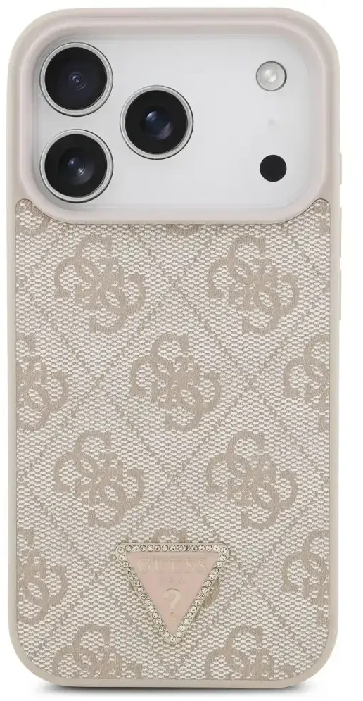 Dėklas Guess Leather 4G Triangle Strass MagSafe do iPhone 18 Pro / 17 Pro rožinė