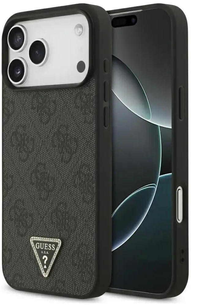Dėklas Guess Leather 4G Triangle Strass MagSafe Case for iPhone 17 Pro Max / 18 Pro Max - Juodas