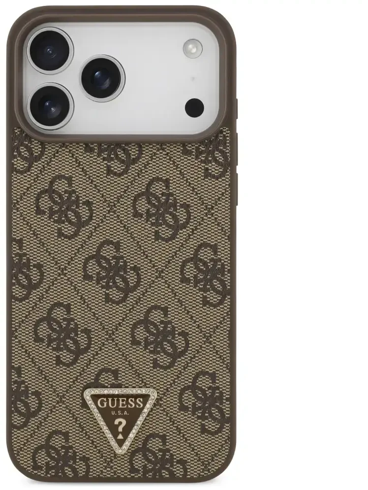 Dėklas Guess Leather 4G Triangle Strass MagSafe Case for iPhone 17 Pro Max / 18 Pro Max - Brown