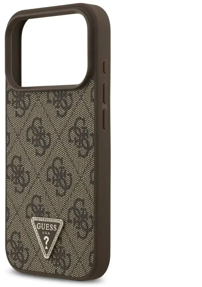Dėklas Guess Leather 4G Triangle Strass MagSafe do iPhone 18 Pro / 17 Pro ruda