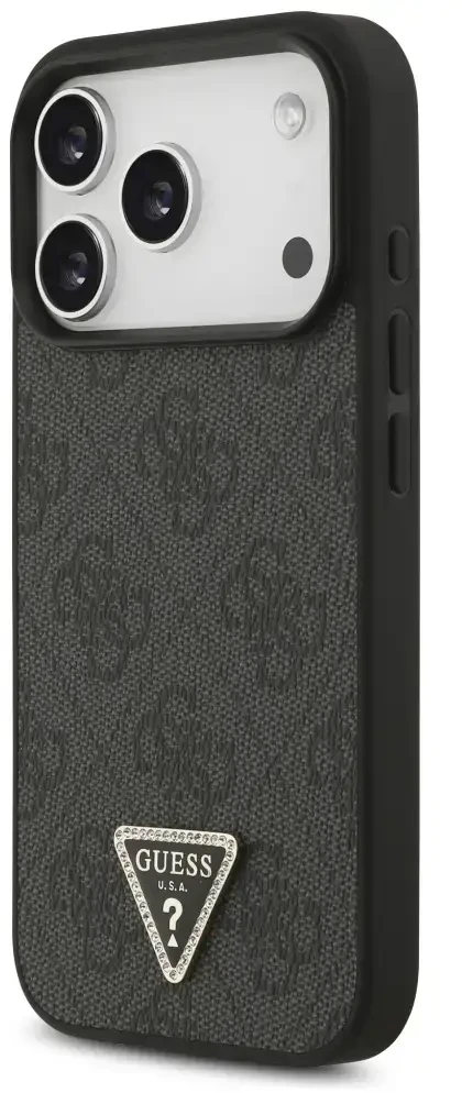 Dėklas Guess Leather 4G Triangle Strass MagSafe do iPhone 18 Pro / 17 Pro juoda