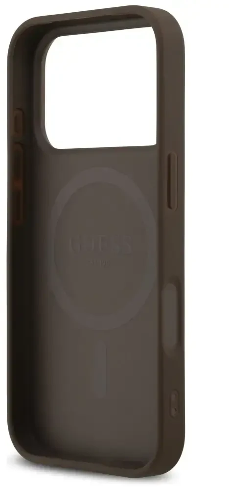 Dėklas Guess Leather 4G Triangle Strass MagSafe do iPhone 18 Pro / 17 Pro ruda