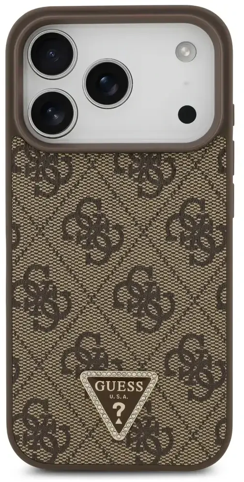 Dėklas Guess Leather 4G Triangle Strass MagSafe do iPhone 18 Pro / 17 Pro ruda