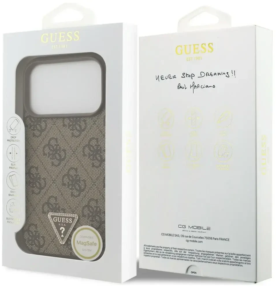 Dėklas Guess Leather 4G Triangle Strass MagSafe do iPhone 18 Pro / 17 Pro ruda