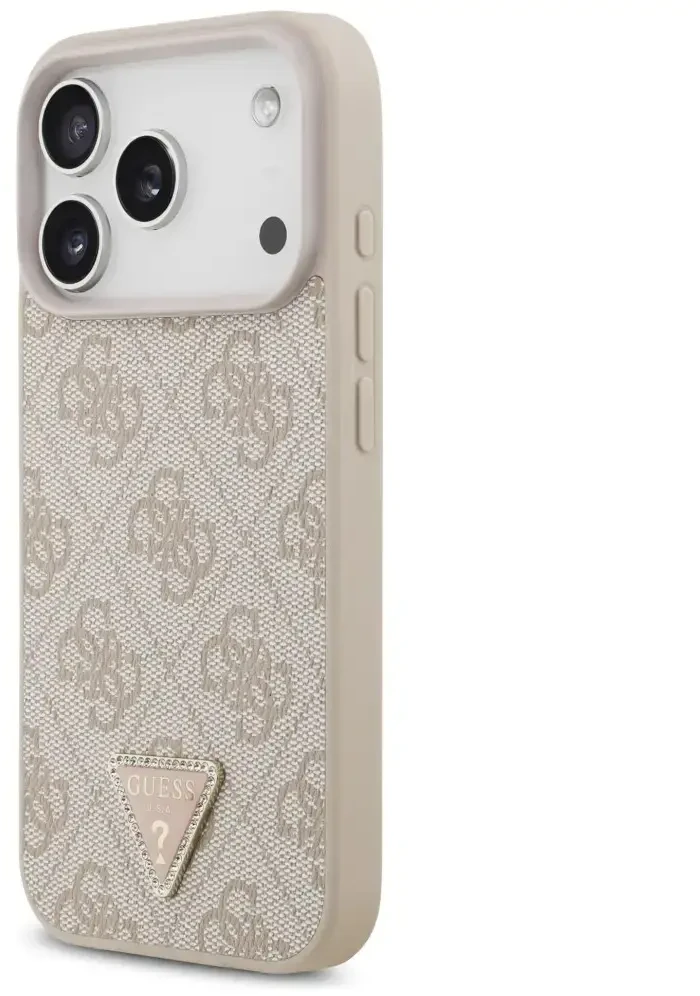 Dėklas Guess Leather 4G Triangle Strass MagSafe do iPhone 18 Pro / 17 Pro rožinė