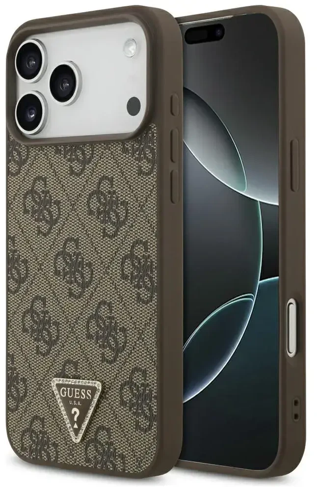 Dėklas Guess Leather 4G Triangle Strass MagSafe Case for iPhone 17 Pro Max / 18 Pro Max - Brown