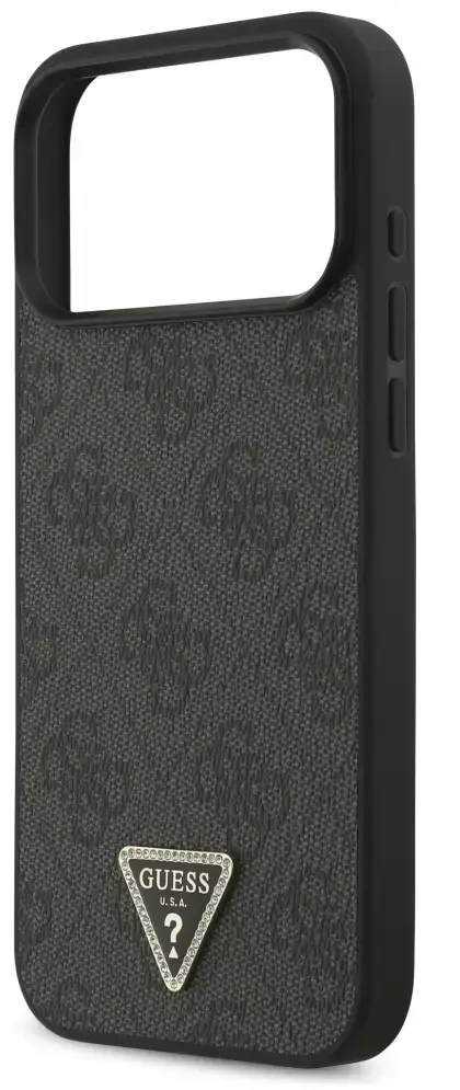 Dėklas Guess Leather 4G Triangle Strass MagSafe Case for iPhone 17 Pro Max / 18 Pro Max - Juodas
