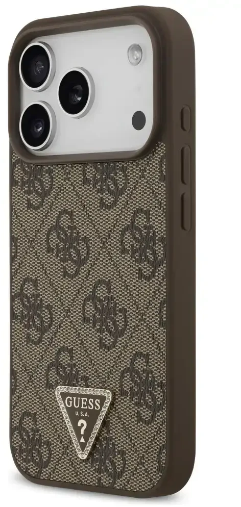 Dėklas Guess Leather 4G Triangle Strass MagSafe do iPhone 18 Pro / 17 Pro ruda