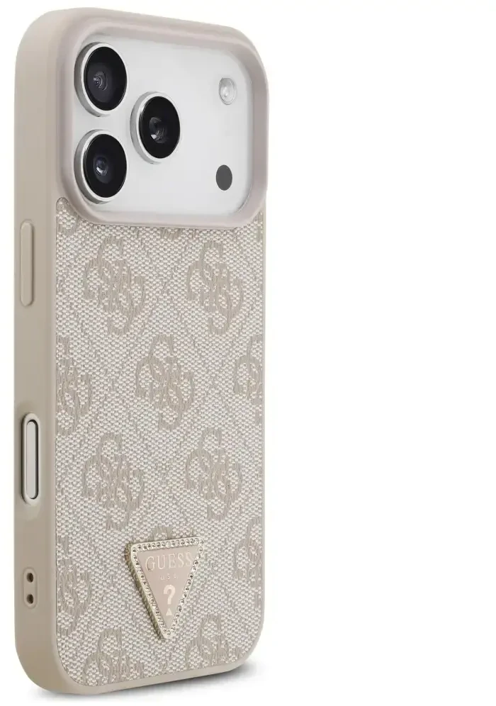 Dėklas Guess Leather 4G Triangle Strass MagSafe do iPhone 18 Pro / 17 Pro rožinė