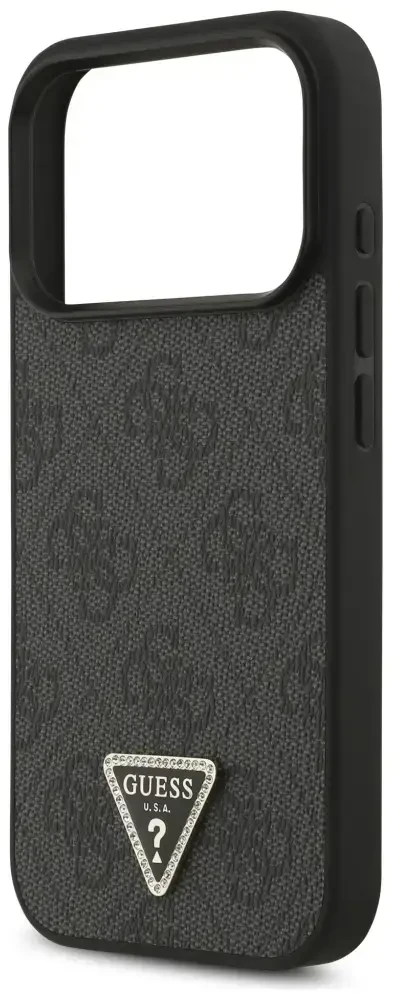 Dėklas Guess Leather 4G Triangle Strass MagSafe do iPhone 18 Pro / 17 Pro juoda