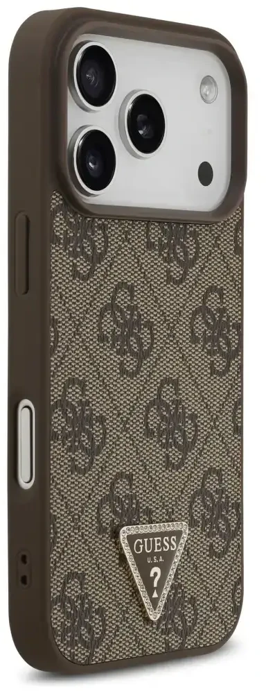 Dėklas Guess Leather 4G Triangle Strass MagSafe do iPhone 18 Pro / 17 Pro ruda