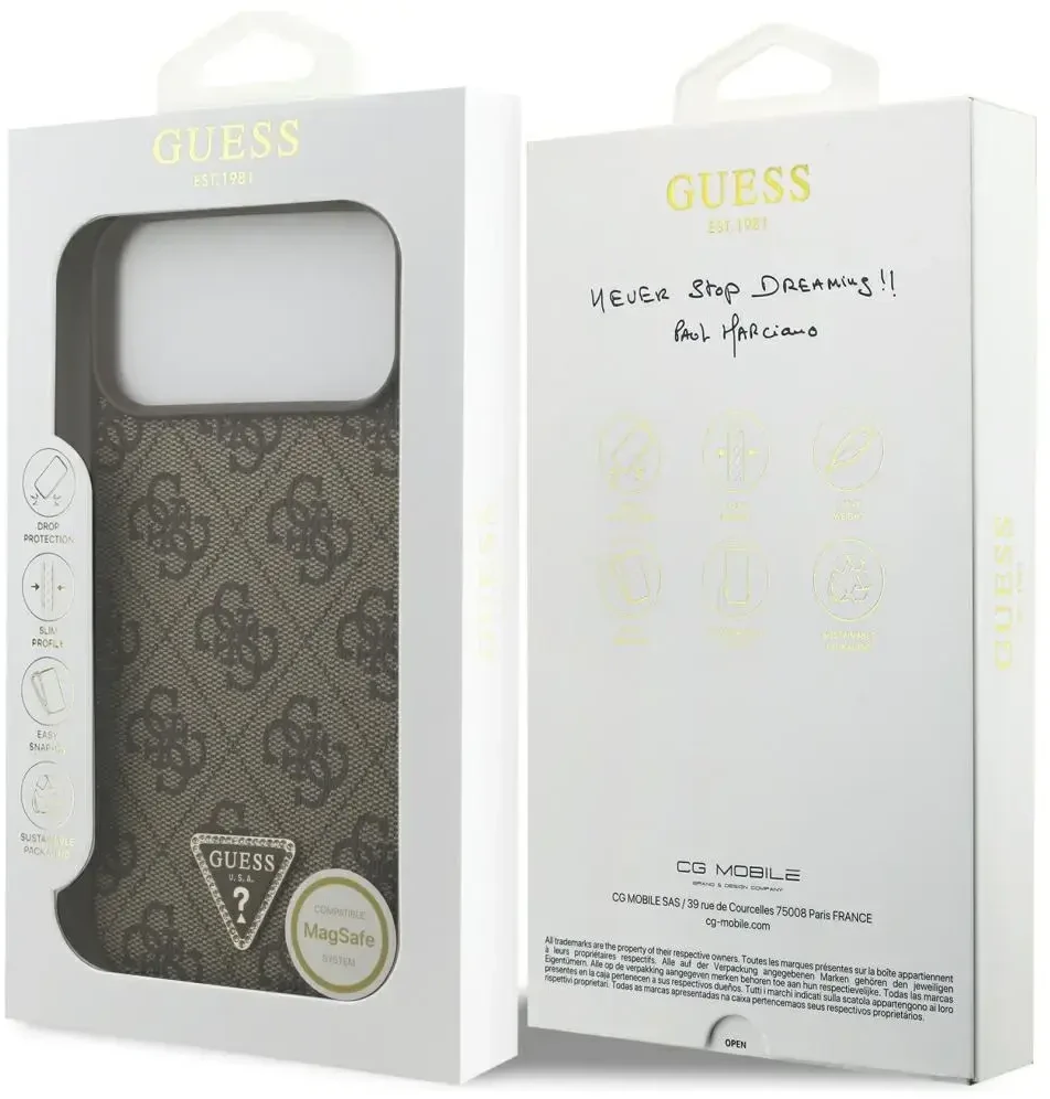 Dėklas Guess Leather 4G Triangle Strass MagSafe Case for iPhone 17 Pro Max / 18 Pro Max - Brown