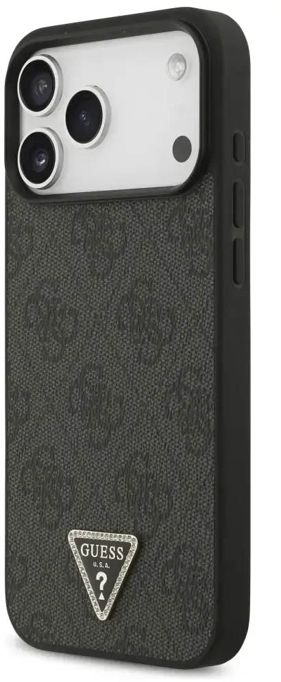 Dėklas Guess Leather 4G Triangle Strass MagSafe Case for iPhone 17 Pro Max / 18 Pro Max - Juodas