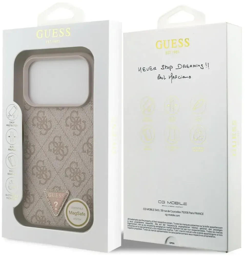 Dėklas Guess Leather 4G Triangle Strass MagSafe do iPhone 18 Pro / 17 Pro rožinė