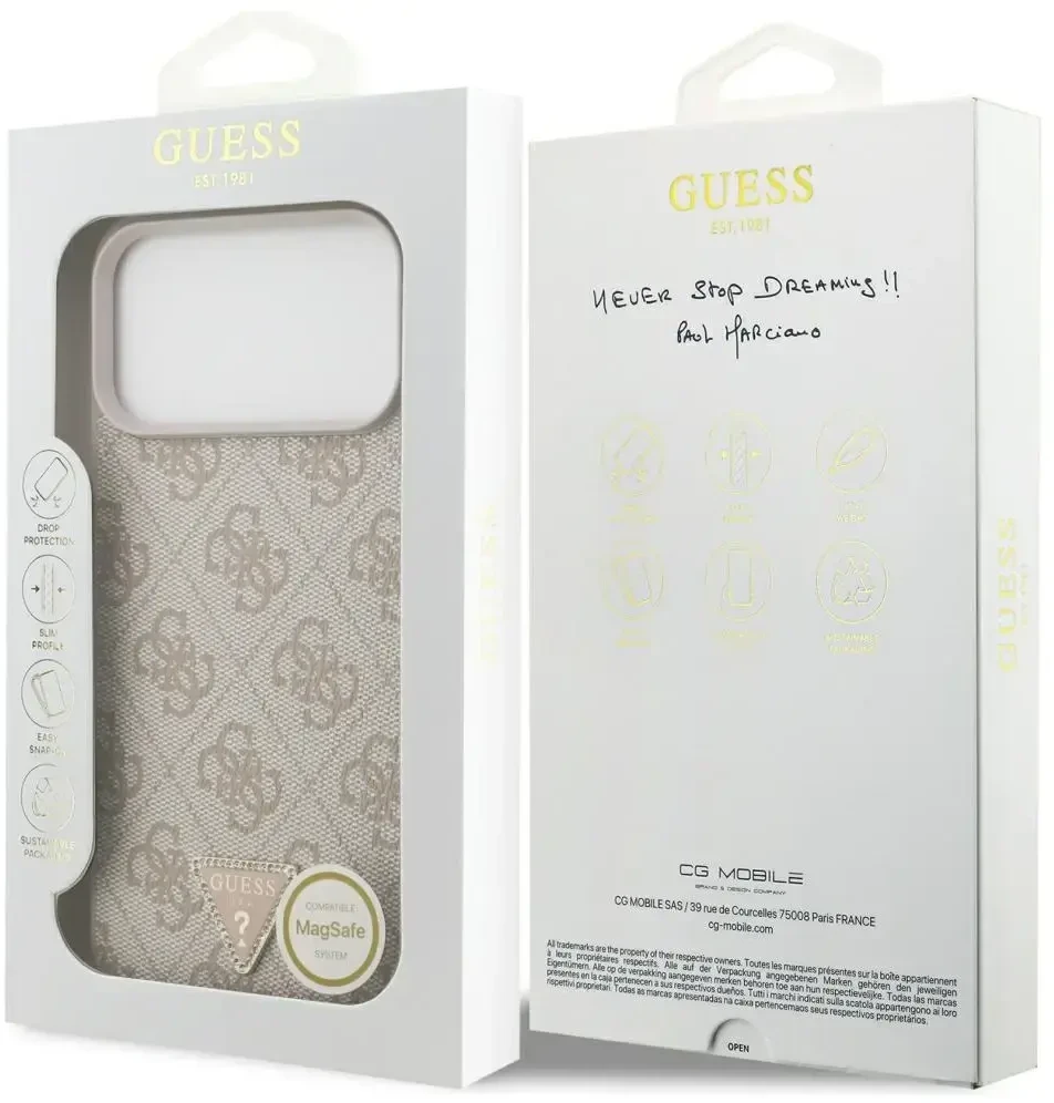Dėklas Guess Leather 4G Triangle Strass MagSafe Case for iPhone 17 Pro Max / 18 Pro Max - Rožinė