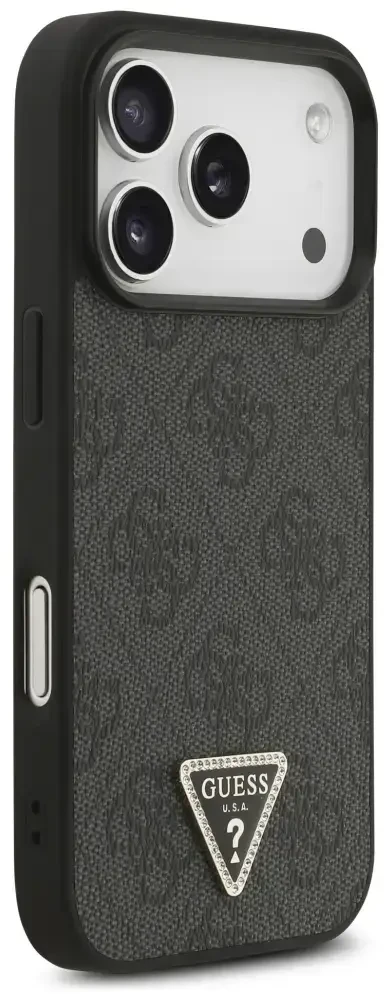 Dėklas Guess Leather 4G Triangle Strass MagSafe do iPhone 18 Pro / 17 Pro juoda