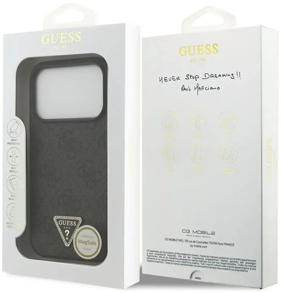 Dėklas Guess Leather 4G Triangle Strass MagSafe do iPhone 18 Pro / 17 Pro juoda