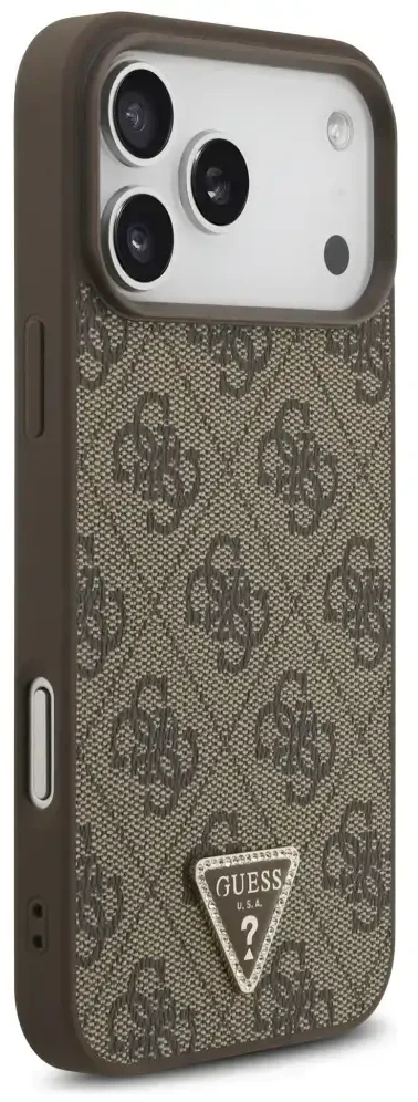 Dėklas Guess Leather 4G Triangle Strass MagSafe Case for iPhone 17 Pro Max / 18 Pro Max - Brown
