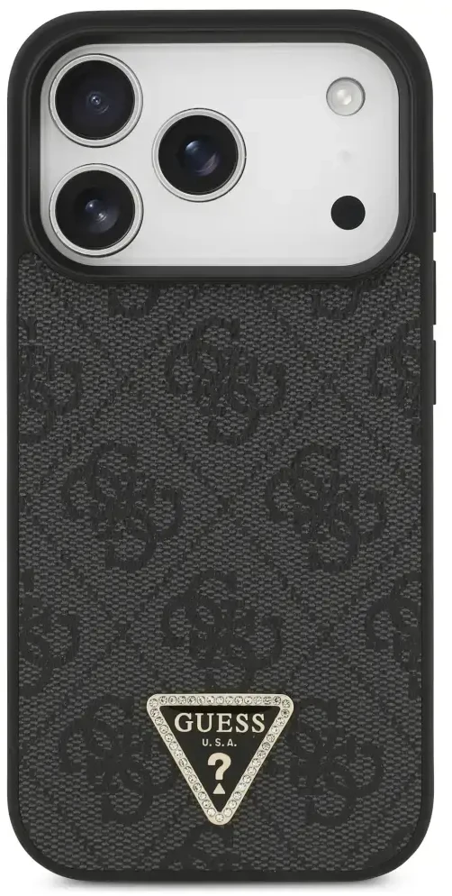 Dėklas Guess Leather 4G Triangle Strass MagSafe do iPhone 18 Pro / 17 Pro juoda