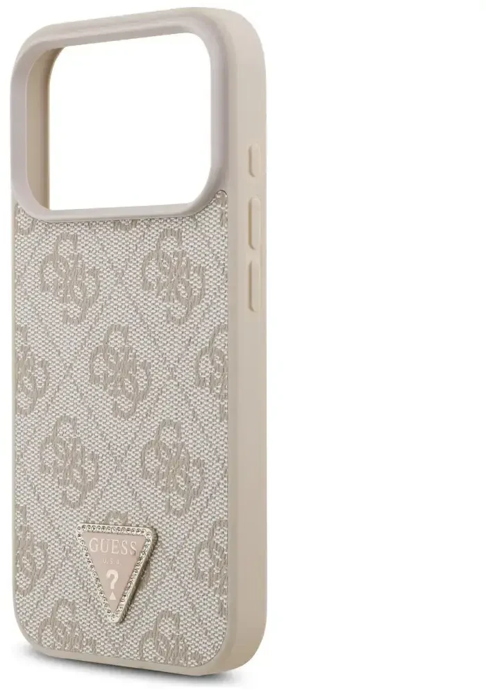 Dėklas Guess Leather 4G Triangle Strass MagSafe do iPhone 18 Pro / 17 Pro rožinė