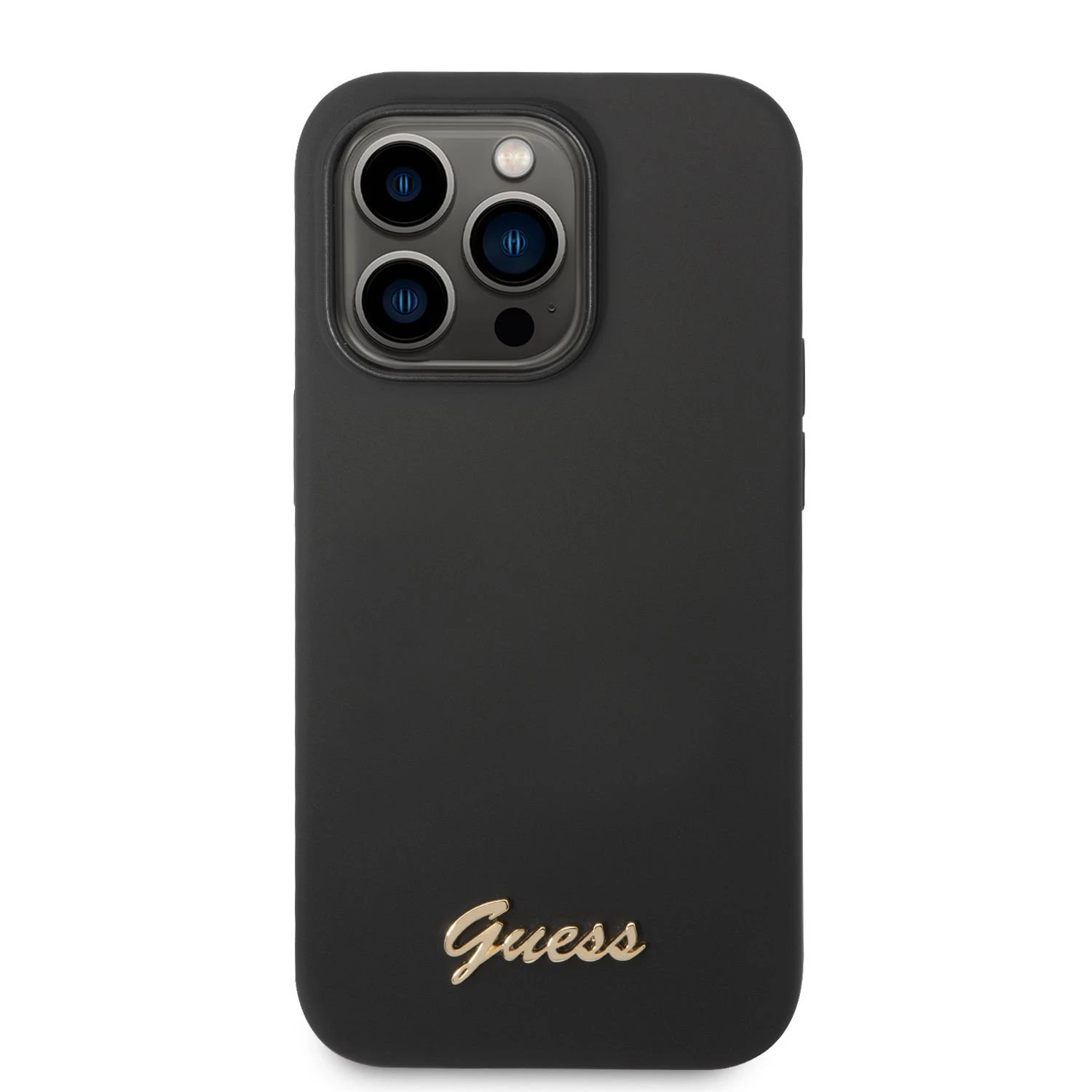 Guess telefono dėklas iPhone 14 Pro Max 6,7 GUHCP14XSLSMK juodas hard telefono dėklas Silikoninis Vintage auksinis Logo