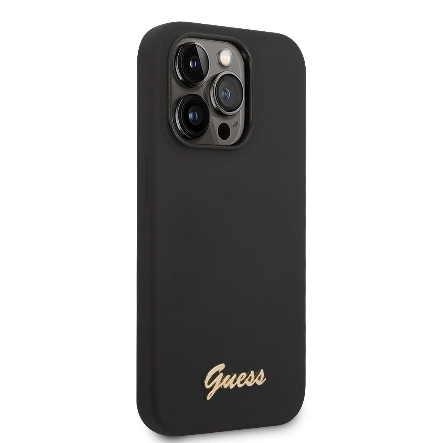 Guess telefono dėklas iPhone 14 Pro Max 6,7 GUHCP14XSLSMK juodas hard telefono dėklas Silikoninis Vintage auksinis Logo