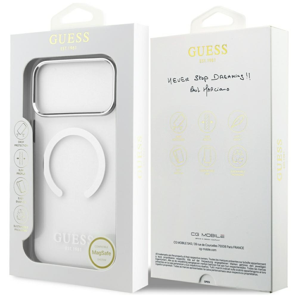 Guess Metal Outline MagSafe dėklas skirtas Apple iPhone 17 Pro Max sidabro spalvos