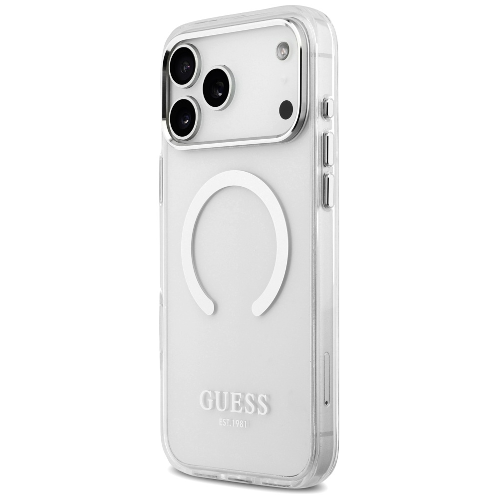 Guess Metal Outline MagSafe dėklas skirtas Apple iPhone 17 Pro Max sidabro spalvos