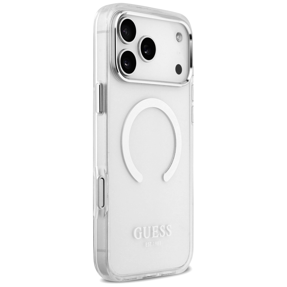 Guess Metal Outline MagSafe dėklas skirtas Apple iPhone 17 Pro Max sidabro spalvos