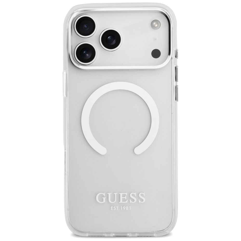 Guess Metal Outline MagSafe dėklas skirtas Apple iPhone 17 Pro Max sidabro spalvos