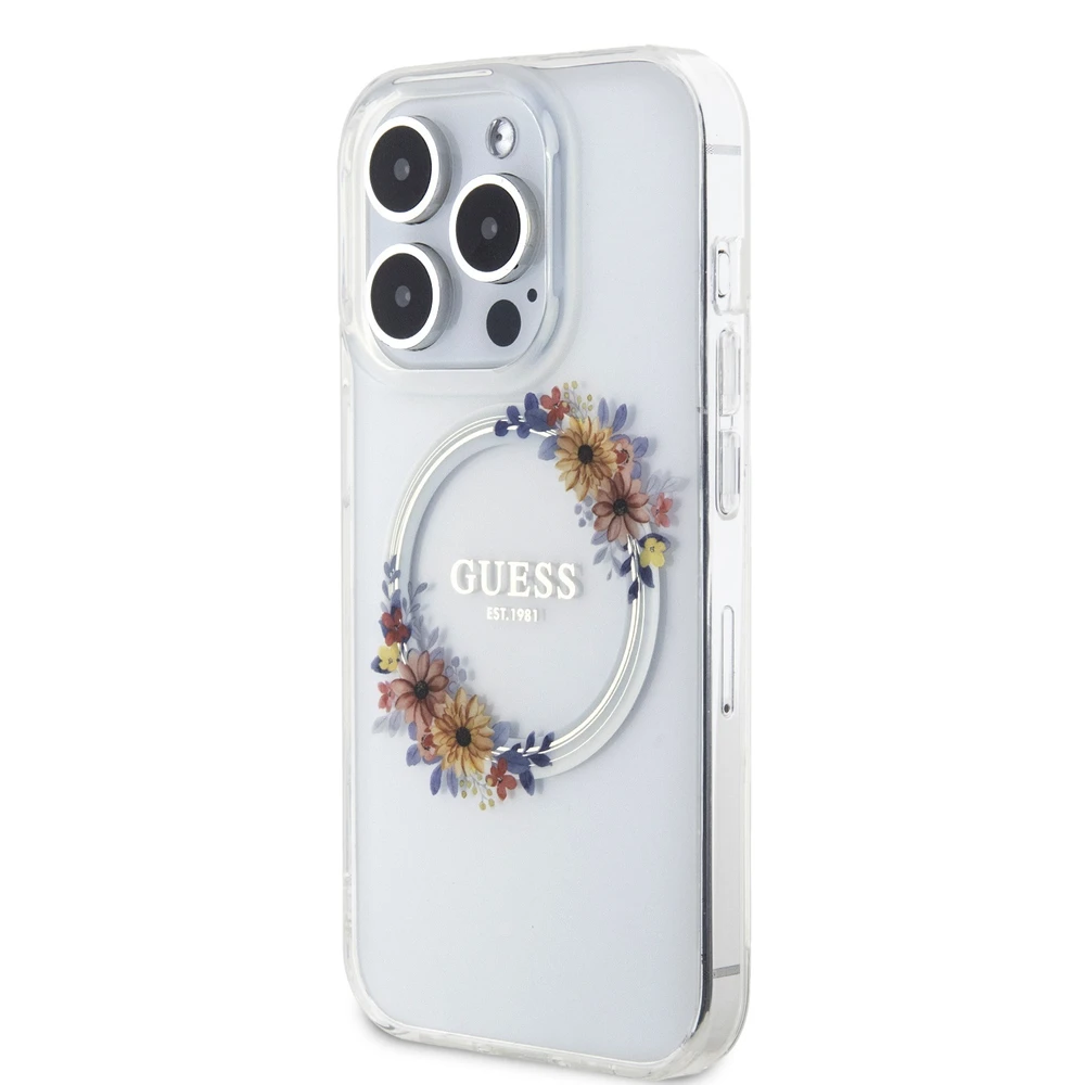 Dėklas GUESS GUHMP15LHFWFFCT IPHONE 15 PRO 6.1 "SKAIDRUS KIETAS DĖLIS IML FLOWERS WREATCH MAGSAFE