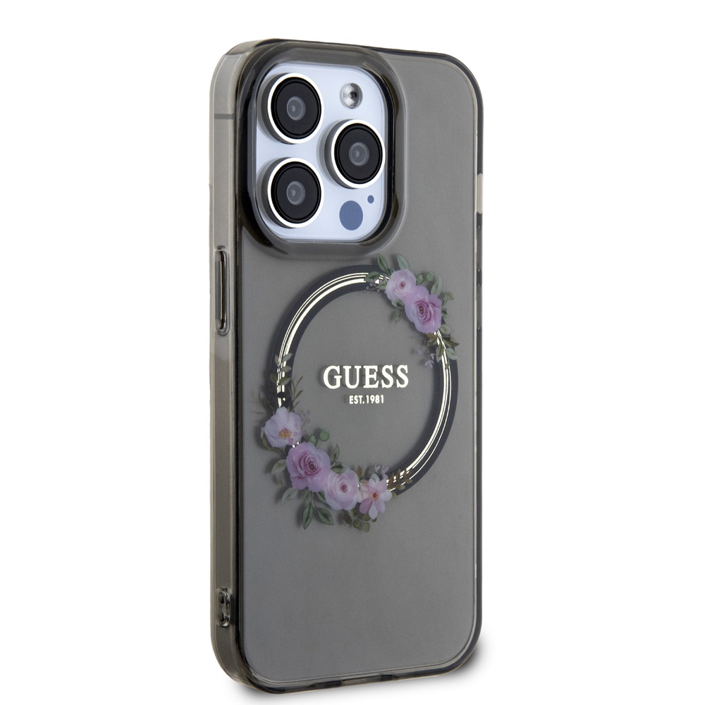 Guess IML Flowers Wreath MagSafe - dėklas skirtas Apple iPhone 15 Pro Juodas