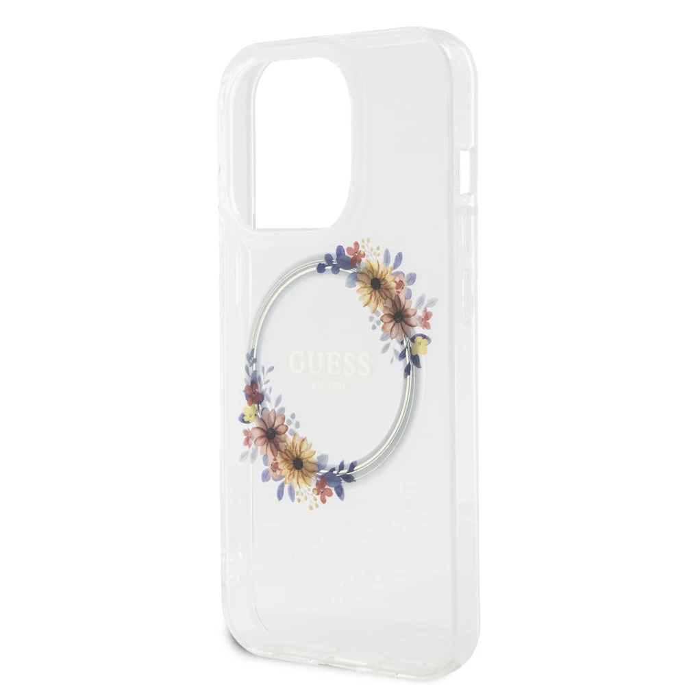 Dėklas GUESS GUHMP15LHFWFFCT IPHONE 15 PRO 6.1 "SKAIDRUS KIETAS DĖLIS IML FLOWERS WREATCH MAGSAFE
