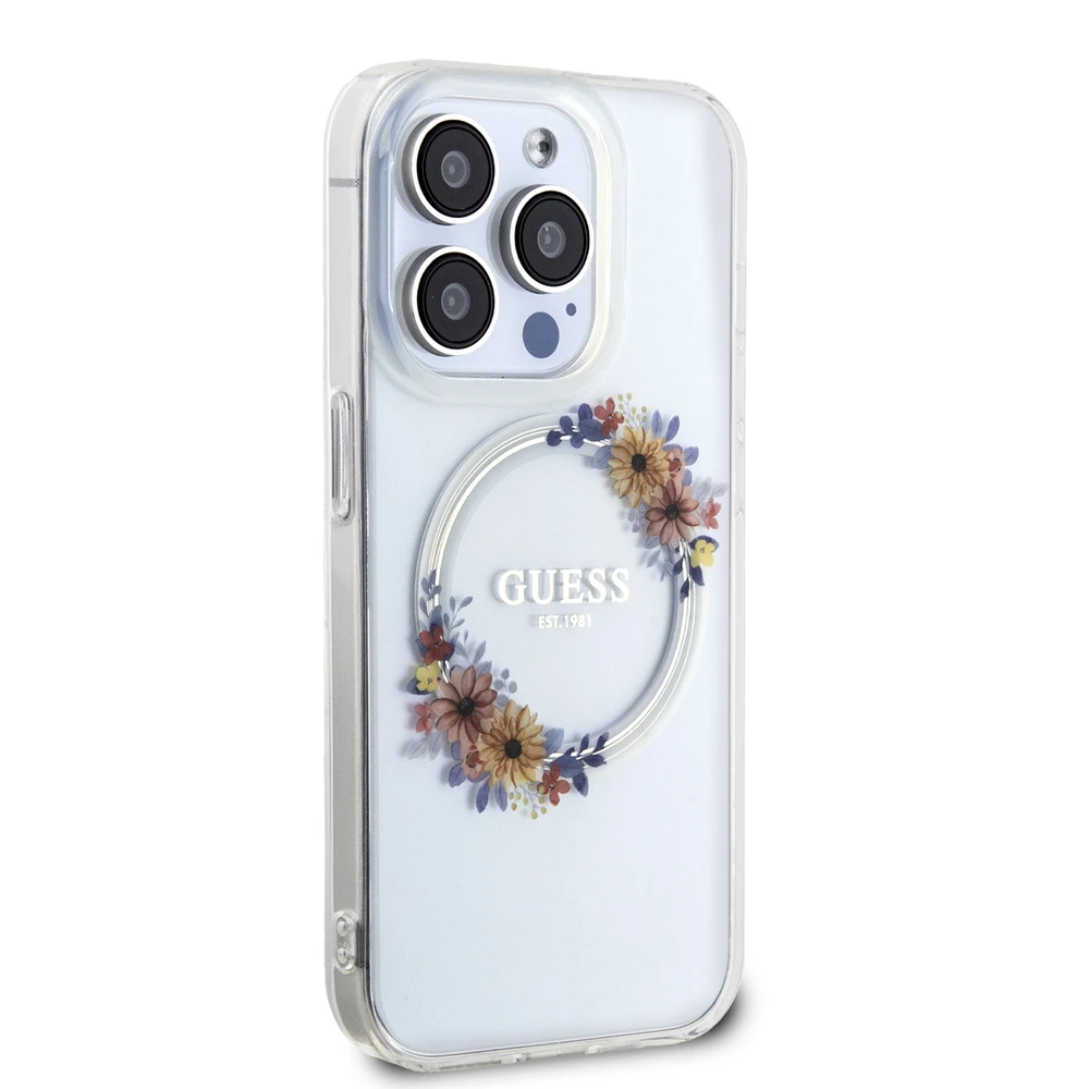 Dėklas GUESS GUHMP15LHFWFFCT IPHONE 15 PRO 6.1 "SKAIDRUS KIETAS DĖLIS IML FLOWERS WREATCH MAGSAFE