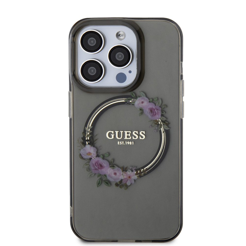 Guess IML Flowers Wreath MagSafe - dėklas skirtas Apple iPhone 15 Pro Juodas