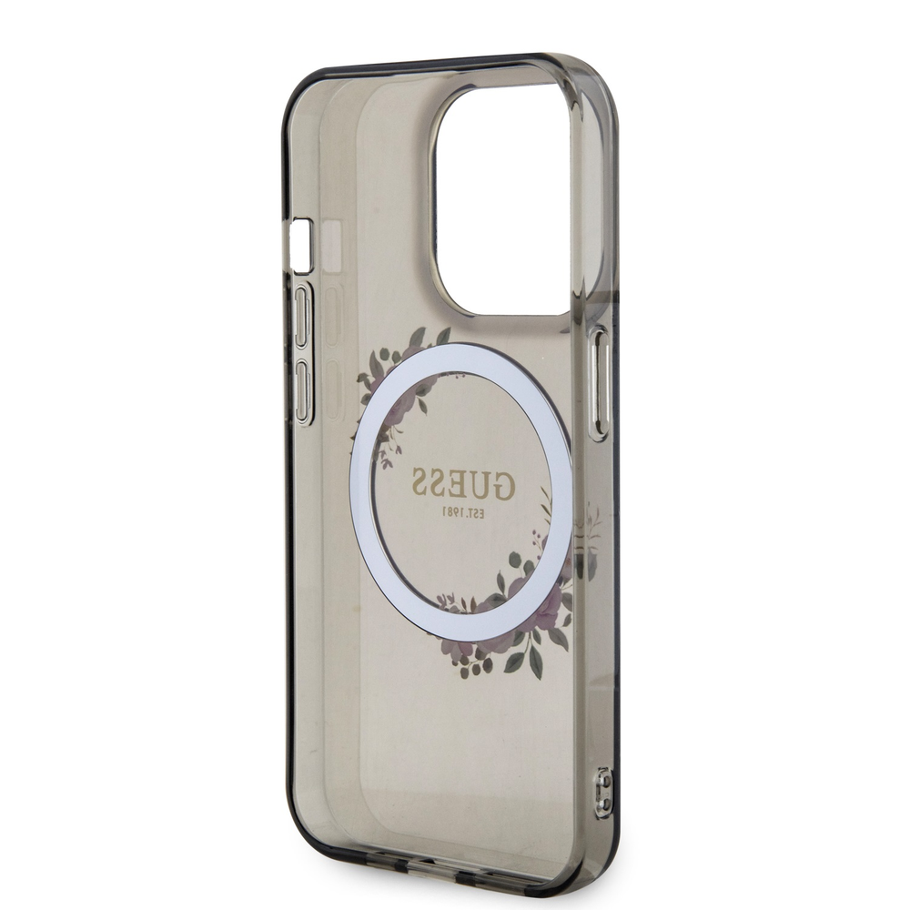 Guess IML Flowers Wreath MagSafe - dėklas skirtas Apple iPhone 15 Pro Juodas
