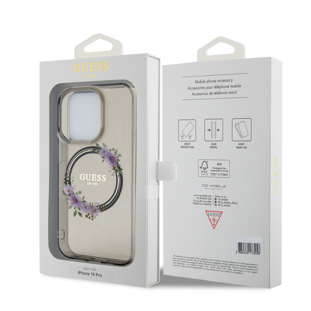 Guess IML Flowers Wreath MagSafe - dėklas skirtas Apple iPhone 15 Pro Juodas