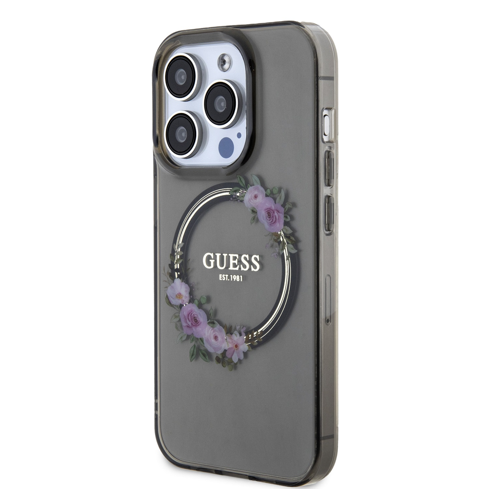 Guess IML Flowers Wreath MagSafe - dėklas skirtas Apple iPhone 15 Pro Juodas